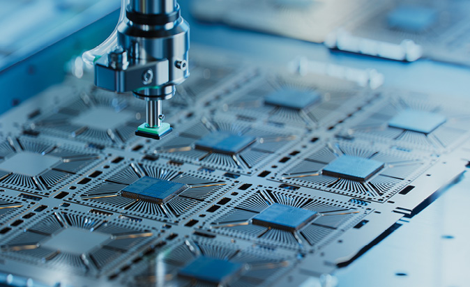 Silicon dies being positioned on a substrate in a semiconductor factory